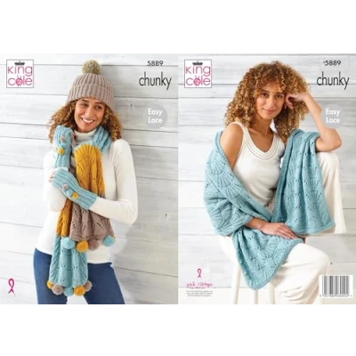 Image of King Cole Ladies Chunky Knitting Pattern Easy Lace Wrap Scarf Hand Warmers &amp; Hat (5889), Multi