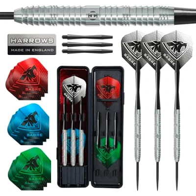 Image of Harrows Sabre 90% Tungsten Steel Tip Darts Set I 21g to 26g All Weights Available Huge 24pcs Bundle with Spare Shafts, Prime Flights &amp; Travel Case (25 grams)