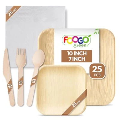 Image of FOOGO Green 150pcs Disposable Palm Leaf Plates Wooden Cutlery Set and White Napkins, FSC® Certified, 25x Large Square Plates, Small Side Forks, Knives, Spoons, Eco