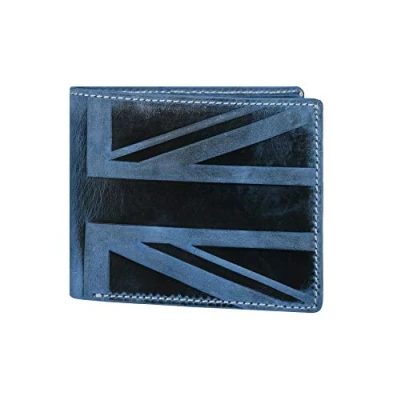 Image of Hudson &amp; James Designer London Real Distressed Leather Mens Wallet with Zip Coin Pocket Credit Carder Holder Bifold Purse UK Union Jack (Blue)