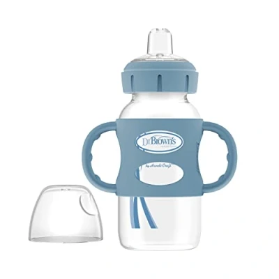 Image of Dr. Brown&#039;s Milestones Wide Neck Sippy Bottle with 100 Percent Silicone Handles, Easy Grip Soft Spout, 9oz/270ml, 6m+, Light Blue, 1 Pack, BPA free
