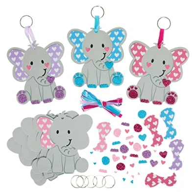 Image of Baker Ross FX453 Love Heart Elephant Keyring and Bag Dangler Kits Pack of 8, Foam Valentine&#039;s Craft Kit for Kids