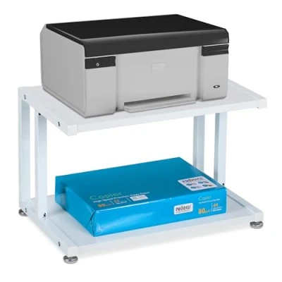 Image of Relaxdays Printer Stand for Desk, 2 Levels, Office Shelf, Spare Paper Storage, HxWxD: 28 x 45 cm, Table, White, Fibreboard