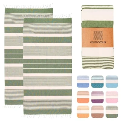 Image of MOMOMUS 2 Pack XL Fouta Compact, Ultra Soft, Absorbent Cotton Beach Towels for Adults or Extra Large Khaki 90x180cm