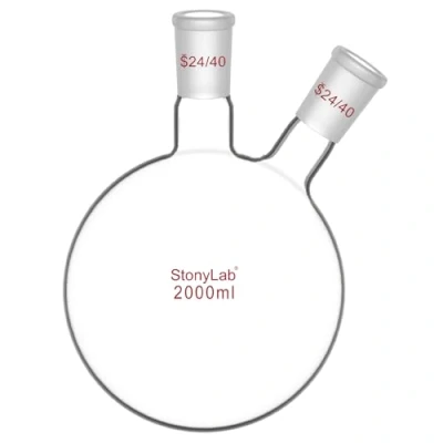 Image of StonyLab Borosilicate Glass 2 Neck Round Bottom Flask RBF, with 24/40 Center and Side Standard Taper Outer Joint 2L (2000ml)