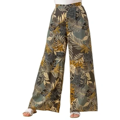 Image of Roman Originals Wide Leg Trousers for Women UK Ladies Palazzo Pants Floral Print Abstract Everyday Holiday Spring Summer Comfy Soft Evening Vacation Work Party Green Size 20