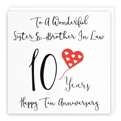 Image of Hunts England Sister And Brother In Law 10th Anniversary Card To A Wonderful &amp; 10 Years Happy Tin Love Heart Collection