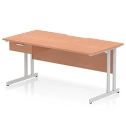 Image of Impulse 1600 x 800mm Scalloped Edge Straight Office Desk Beech Top Silver Cantilever Leg Workstation 1 Drawer Fixed Pedestal