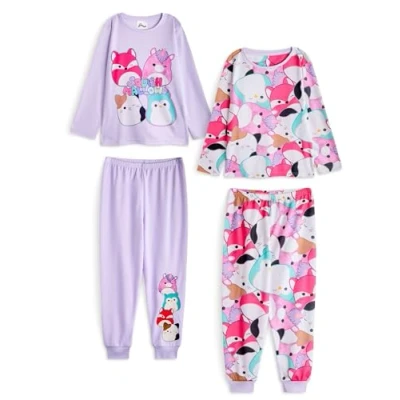 Image of Squishmallows Girls Pyjama Set Pack of 2 Kids Multicoloured Character Graphic Long Sleeve Top &amp; Leg PJ Bottoms Childrens Animal All Over Print Nightwear Squishville Plushie Merchandise Gift