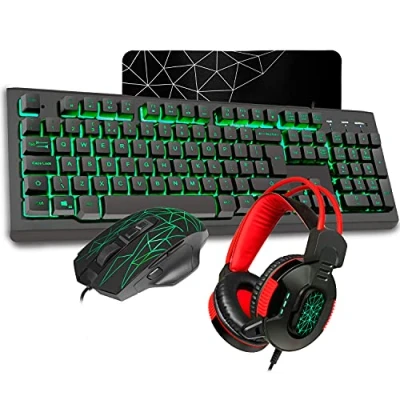 Image of CiT Rampage RGB Gaming Keyboard, Mouse, Headset &amp; Mouse Pad Combo Set 4 In 1 Bundle for Windows Black/Red/Silver