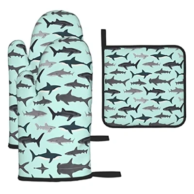 Image of Chrysm Cartoon Sharks Oven Mitts and Potholders BBQ Gloves Holders for Cooking Baking (3 Piece Set)