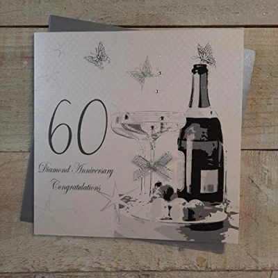 Image of White Cotton Cards 60 Diamond Anniversay Congratulations, Handmade 60th Anniversary Card (Champagne &amp; Chocolates, Code bd60)