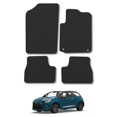 Image of Rubber Car Mats Compatible with Citroen DS3 (2010 2016) Tailored Fit Floor Set Accessory Black Custom 4 Pieces Clips Anti Slip Backing, Heavy Duty &amp; Waterproof
