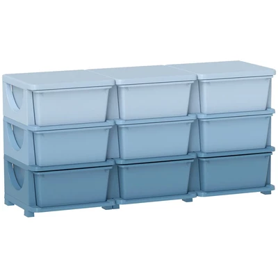 Image of HOMCOM Kids Storage Units with 9 Drawers 3 Tier Chest Vertical Dresser Tower Toy Organiser for Nursery Playroom Kindergarten Blue