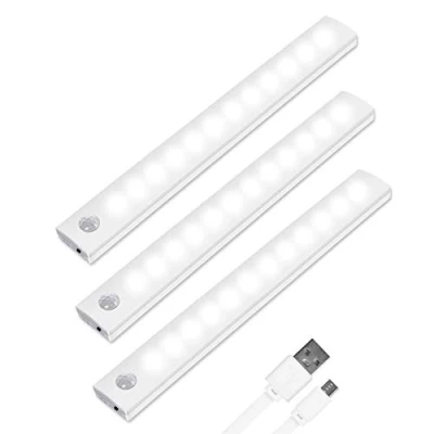 Image of Vicloon Motion Sensor Cabinet Lights, 3 Pack 12 LED Cupboard Auto On/Off Closet Light, Wireless USB Rechargeable Night Light with Magnetic Strip for Wardrobe, Cabinet, Stairs