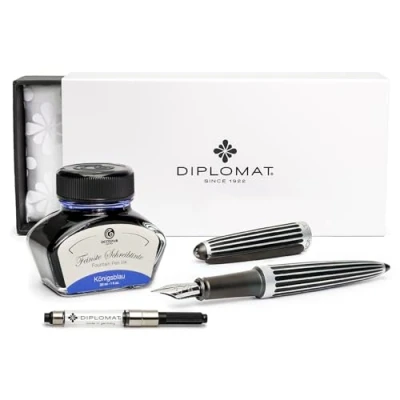 Image of Diplomat Aero Stripes Black fountain pen with stainless steel nib M and ink in royal blue (erasable) a chic metal case
