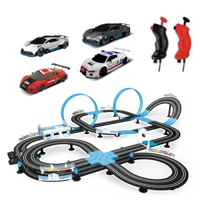 Image of AGM MASTECH Slot Car Race Track Set, High Speed Series Tram Dual Set with 4 Licensed Racing Cars, 2 Hand Controls, Parts and Lap Counter, 13.5M Long Track, Black