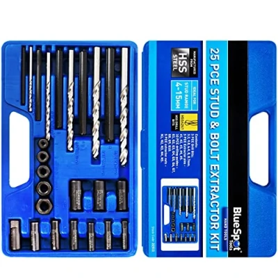 Image of 25 Pcs BlueSpot Damaged Base BOLT &amp; STUD Extractor Kit Remover Set HSS Garage Workshop Mechanics Vehicle Parts Repair Accessories Engine Hand Tools Carry Case DIY UK FREE P&amp;P