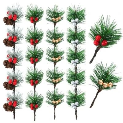 Image of Volumoon 20Pcs Artificial Pine Picks with Berries,Christmas Needles,Faux Needles Red Berries Cones,Christmas Cones Bouquets,for Christmas Wreaths Flower Gift Decor