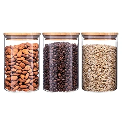 Image of Igluu Meal Prep Glass Jar with Wooden Lid 900ml, Set of 3 Borosilicate Kitchen Storage Containers Bamboo Lids, Airtight Food Canister for Pasta Storage, Cereal, Tea Coffee Sugar
