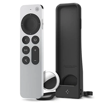 Image of Spigen AirTag Silicone Fit Case Compatible with Apple TV Siri Remote 2022 3rd Generation and 2021 2nd Slot (Strap Included) Black