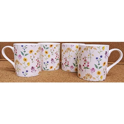 Image of Meadow Flowers Mugs Set 4 Balmoral Fine Bone China Multi Colour Bright Floral Cups Hand Decorated UK