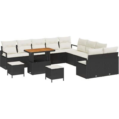 Image of vidaXL 13 Piece Garden Sofa Set with Cushions Black Poly Rattan Acacia
