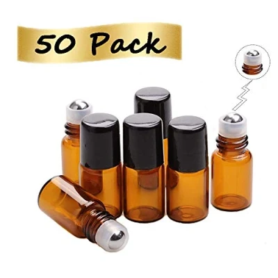 Image of 50 pcs 2mL Empty Amber Mini Glass Roll on Perfume Bottle Refillable Stainless Steel Roller Ball Essential Oil Liquid with Black Caps Sample vials Cosmetics Small Bottles