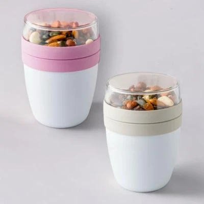 Image of Reusable 650ml Yoghurt Container Leak Proof Overnight Oats Jars with Spoon BPA free Breakfast Pots to Go Muesli Cereal On the Dishwasher Safe Meal Prep Oatmeal (Set of 2 (Pink Beige))