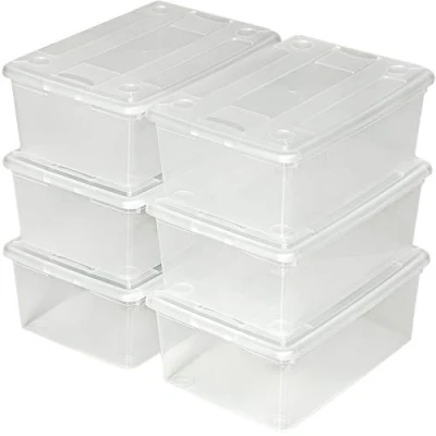 Image of tectake® Box 6x 7L Plastic Storage Boxes with Lids, Super Strong Stackable (33 x 23 12 cm), Clear Shoe Document Belongings Store Ventilation Air Slots