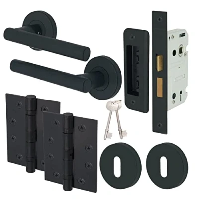 Image of EAI Round Internal Door Key Lock Set Matt Black Mortice Sash Lock, Handle, Escutcheons &amp; Hinges (102mm) Office, Bedroom, Closet Bathroom Lever on Rose Lockable Interior Handles