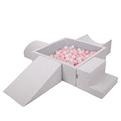 Image of KiddyMoon Foam Playground For Kids With Square Ballpit (300 Balls ∅ 7Cm/2.75In) Soft Obstacles Course And Ball Pool Made In EU, Lightgrey:Powderpink/Pearl/Transparent