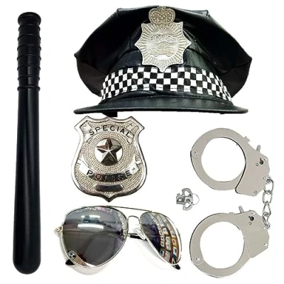 Image of Stylex Black Checkered Police Officer Fancy Dress Accessories Badge Handcuffs Truncheon Cop FBI Glasses Up Costume Add Ons