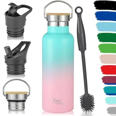 Image of Milu Stainless Steel Drinking Bottle 350ml, 500ml, 750ml, 1l (+3 Lids) Thermo with Straw, Water Bottle, for Hot, Cold &amp; Carbonated Drinks (Mint Pink, 500ml)