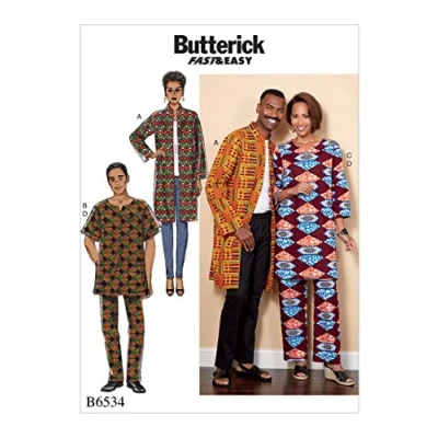 Image of Butterick Patterns 6534 XM,Misses/Men&#039;s Coat,Tunic and Pants,Sizes S L, Tissue, Multicoloured, 17 x 0.5 22 cm