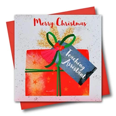 Image of Christmas Card, Present, Merry Christmas, Teaching Assistant, Tassel Embellished