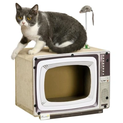 Image of PawHut TV Shaped Cardboard Cat House with Scratcher, Catnip, Toy Rat