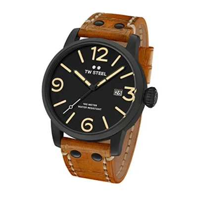 Image of TW Steel Maverick Men Quartz Watch with Black Dial Analogue Display and Brown Leather Strap MS32