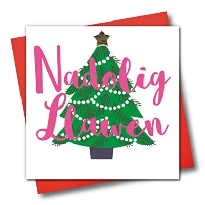 Image of Welsh Language Embellished Christmas Greeting Card, Nadolig Llawen, Happy Christmas, Tree
