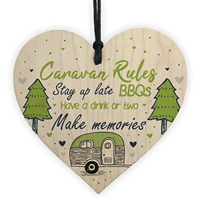 Image of RED OCEAN Caravan Rules Novelty Hanging Wooden Heart Sign Retirement Friend Gift