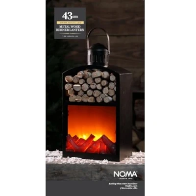 Image of Noma Metal Wood Burner Lantern with Log Storage Space, 43 cm (Pack of 1)