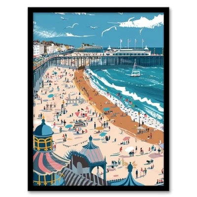 Image of Artery8 Brighton Pier Beach Holiday Colourful Painting Living Room Artwork Framed Wall Art Print 18X24 Inch