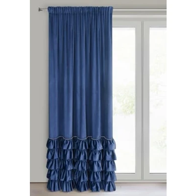Image of Eurofirany CARLI Velvet Curtain with Ruffle, Ruffle Tape, 1 Piece, Opaque, Blackout, Exclusive for Living Room, Bedroom, 140 x 250 cm, Dark Blue