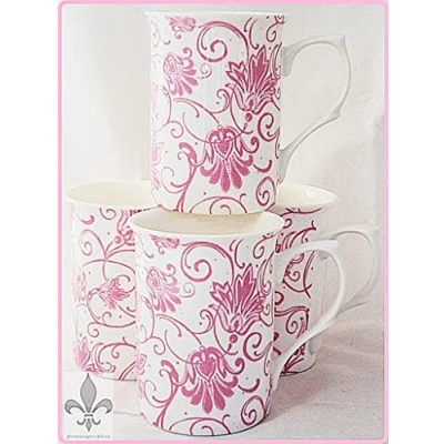 Image of Rainbow Decors Parisian Pink Mugs Set 4 Fine Bone China Floral Swirl Cups Hand Decorated UK