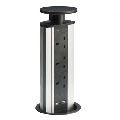 Image of Leyton Lighting POW 2B &#039;Powerport&#039; Pop Up Socket and USB Charger, Includes 3 x UK Plug sockets 2 New Black Modern Top Finish