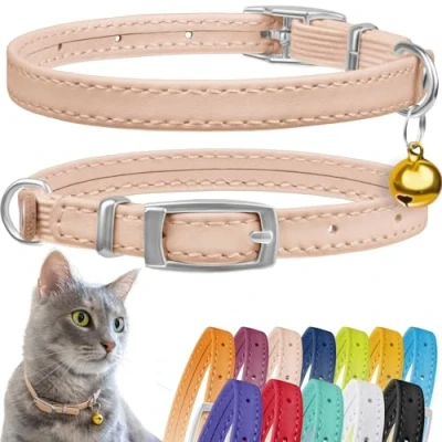 Image of CollarDirect Leather Cat Collar, Safety Collar with Elastic Strap, Kitten for Bell Black Blue Red Orange Lime Green (Neck Fit 9&quot; 11&quot;, Beige)