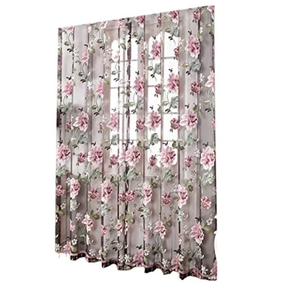 Image of Voile Curtains, Tulle Door Curtain Draping Panel Hanging Cloth Floral Elegant Peony Flower Window