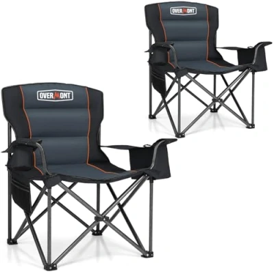 Image of OVERMONT 2 Pack Oversized Camping Folding Chair for Adults with Side Pocket &amp; Carry Bag Heavy Duty Steel Frame Support 204kg High Back Cup Holder Comfy Garden Picnic Beach