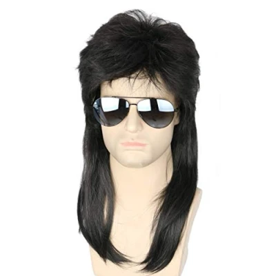 Image of Topcosplay Mens 80s Mullet Wig Long Black Punk Metal Rocker Disco for Cosplay Fancy Dress Party