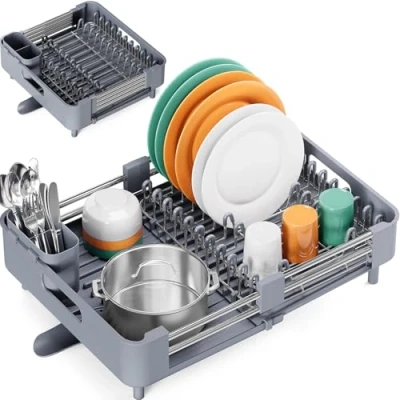 Image of kingrack Extendable Dish Draining Rack, Stainless Steel, Foldable Rack with Removable Cutlery Holder and Anti Scratch Holder, Adjustable Swivel Drainage Spout,